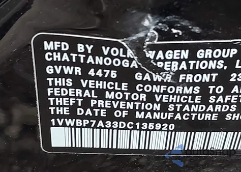 2013 Volkswagen Passat Se из США, поврежденный, VIN 1VWBP7A33DC135920